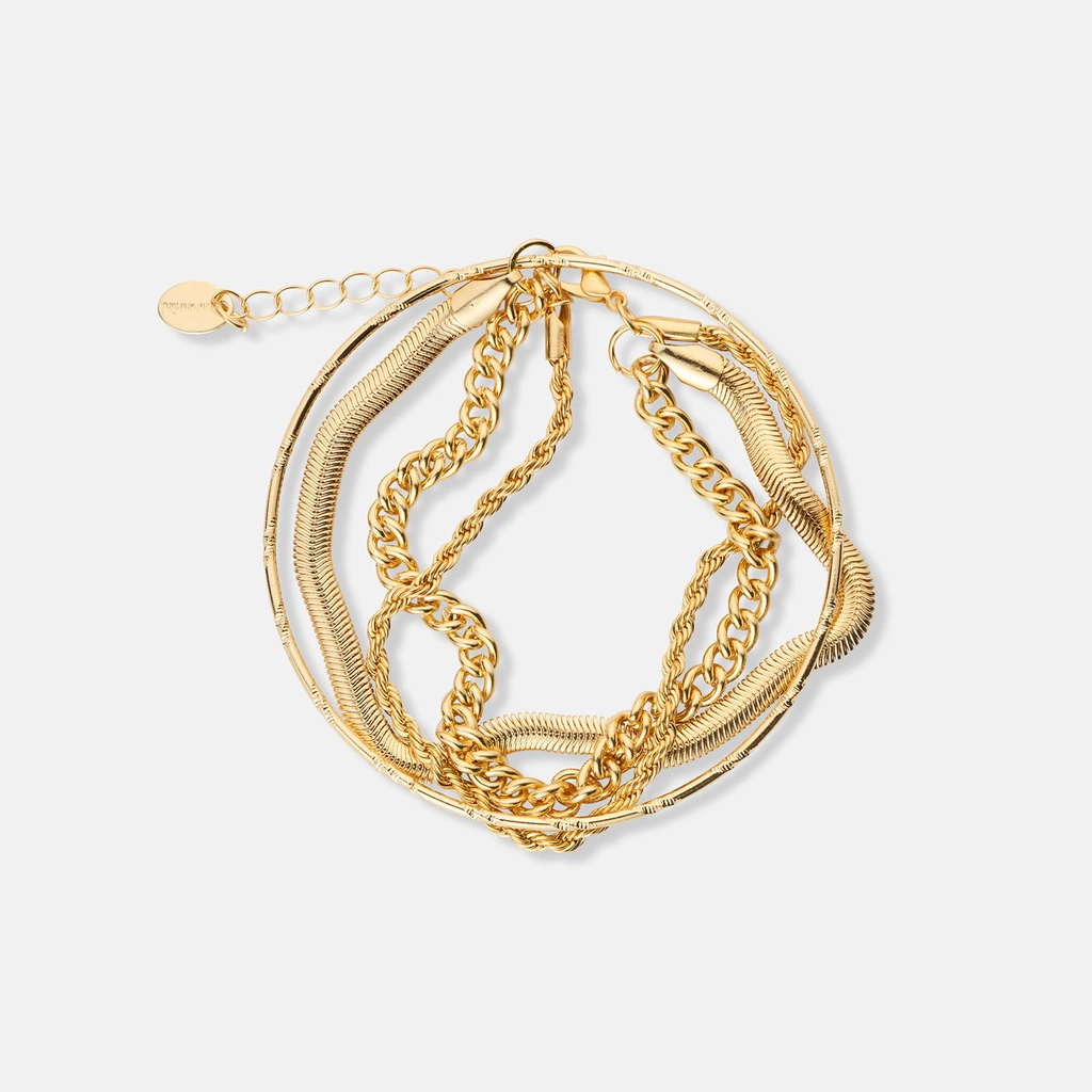 Guldfärgade armband, 3 kedjor och bangle - 17+5 cm