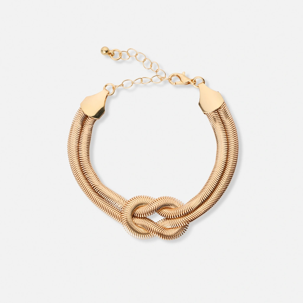 Guldfärgat armband, dubbel ormkedja m. knut - 18+5 cm.