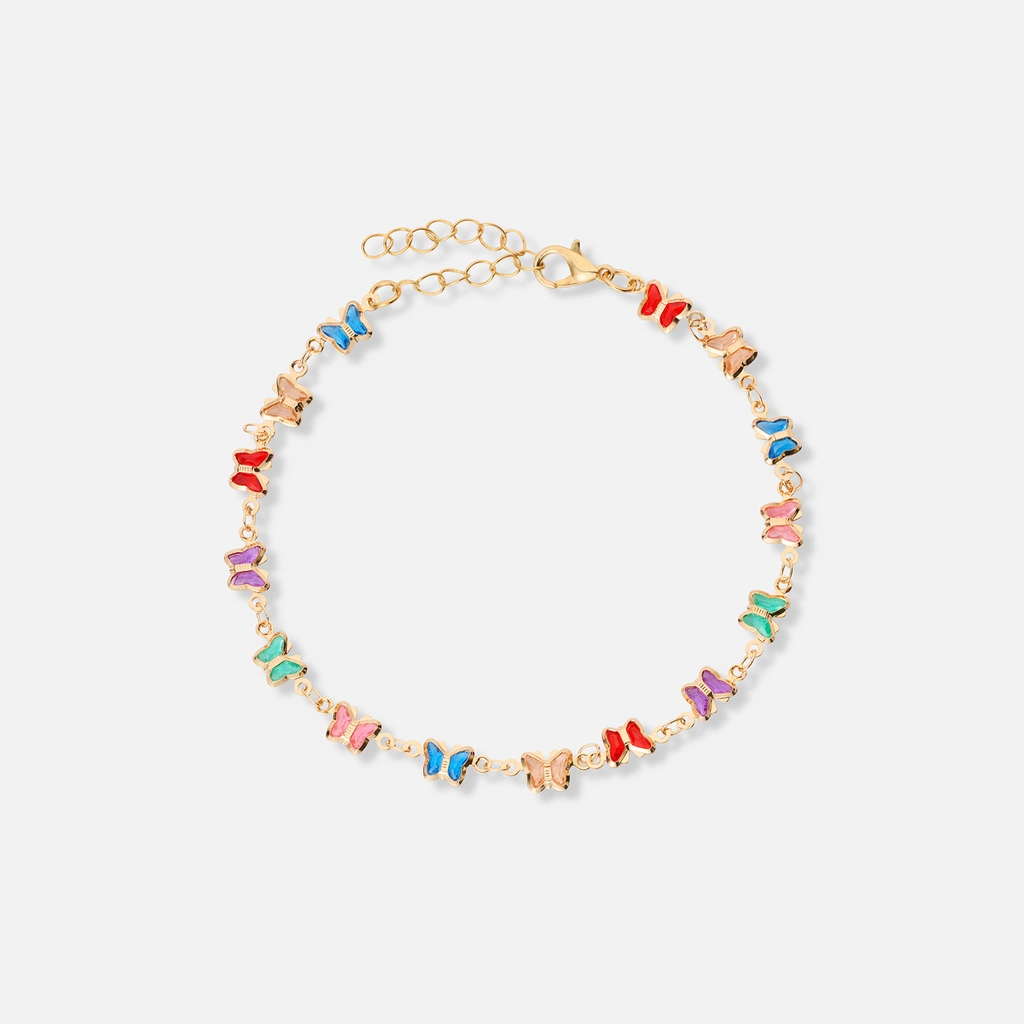 Guldfärgat armband, färgglada fjärilar - 17+5 cm