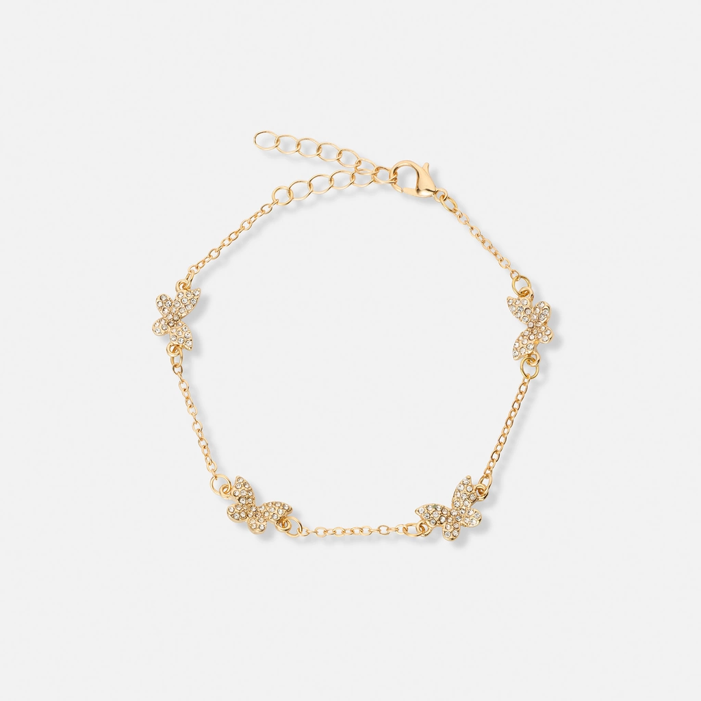 Guldfärgat armband, fjärilar med kristaller - 17+5 cm
