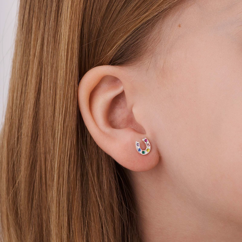 Silverörhängen för barn, hästskor med stenar - 7mm