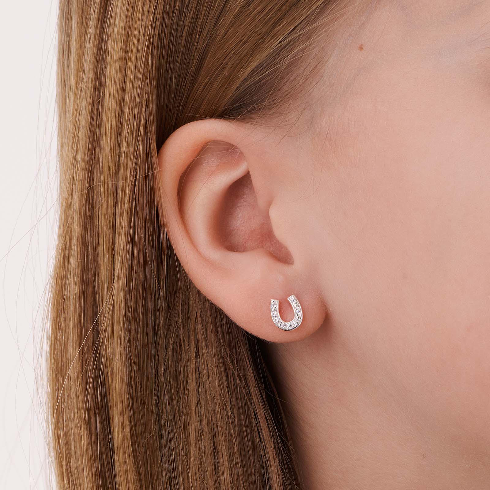 Silverörhängen för barn, hästskor vita stenar - 7x8mm