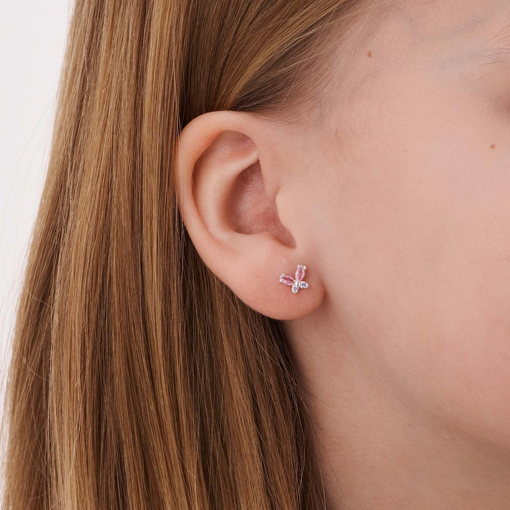 Silverörhängen för barn, fjärilar lila/rosa stenar - 5x7mm