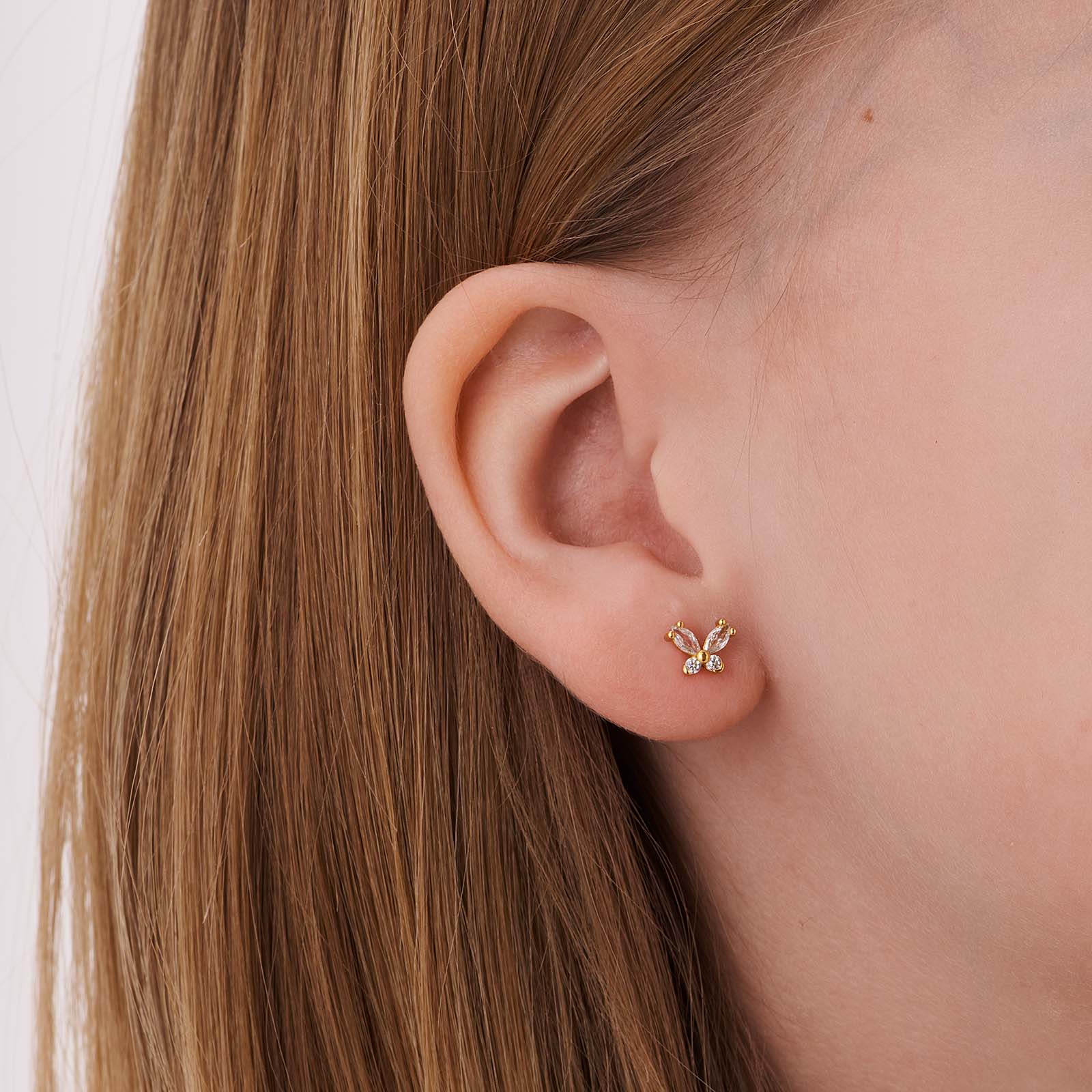 Guldpläterade silverörhängen för barn, fjärilar vita stenar - 5x7mm