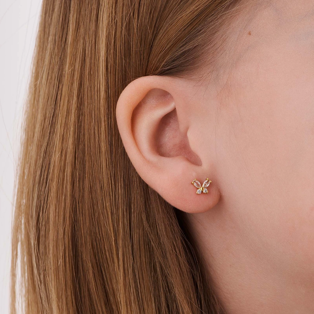 Guldpläterade silverörhängen för barn, fjärilar vita stenar - 5x7mm