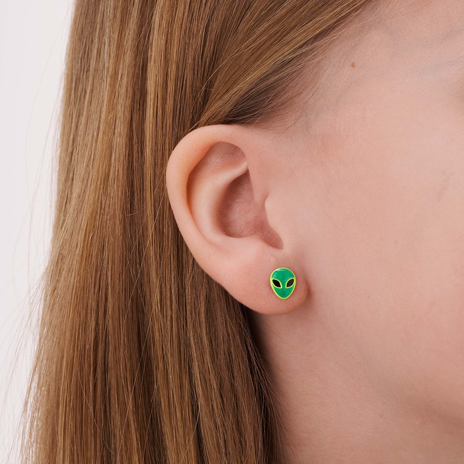 Silverörhängen för barn, gröna aliens - 6x8mm