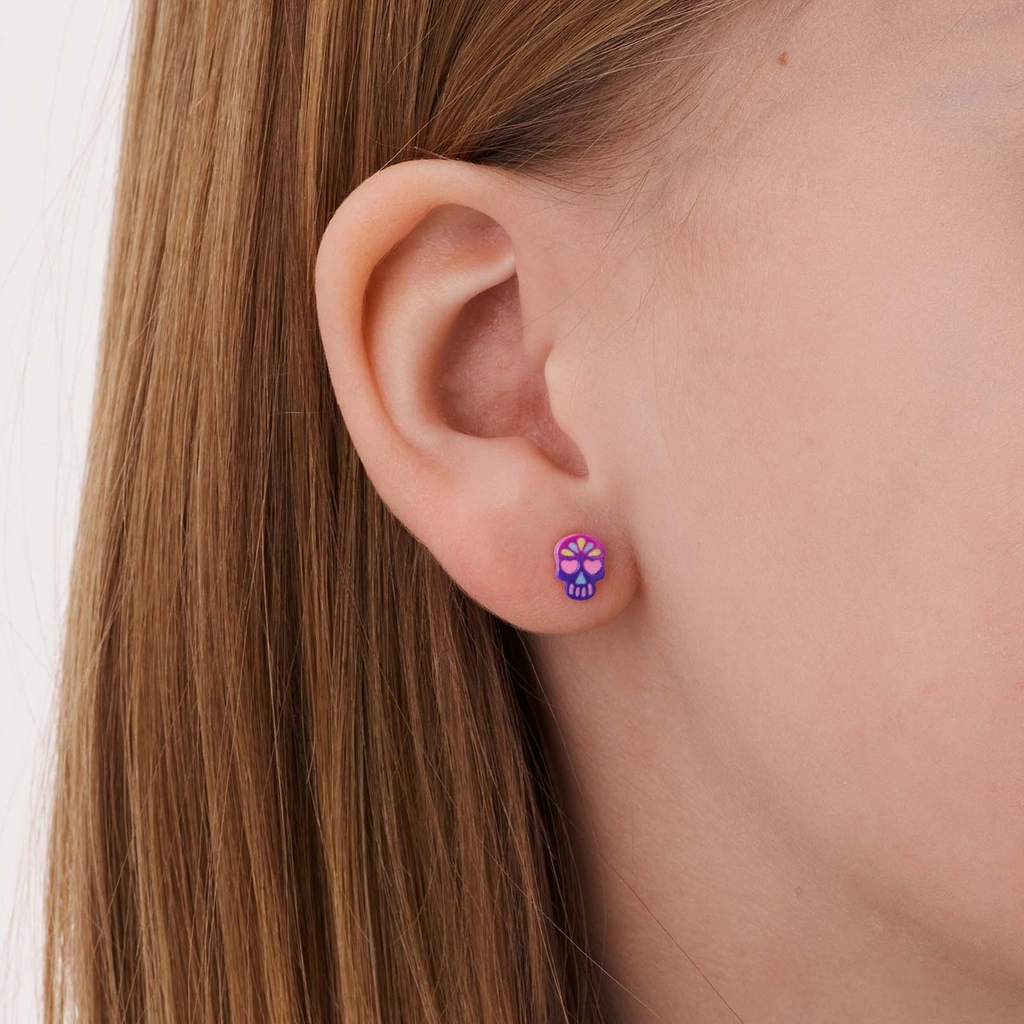 Silverörhängen för barn, lila döskallar - 5x7mm