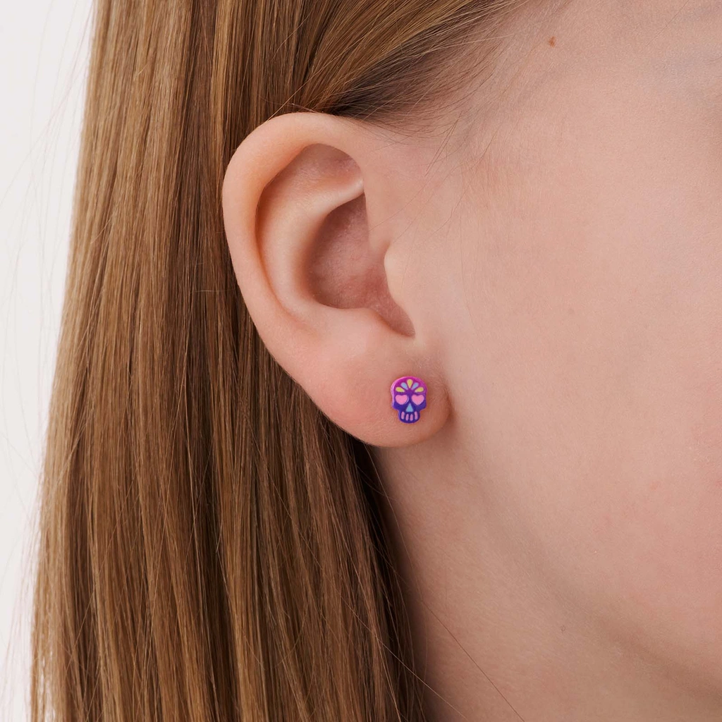 Silverörhängen för barn, lila döskallar - 5x7mm