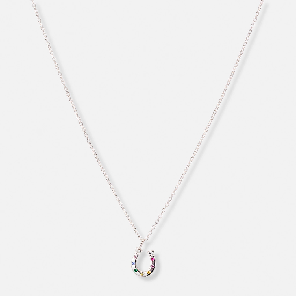 Silverhalsband för barn, hästsko färgade stenar - 36+2cm