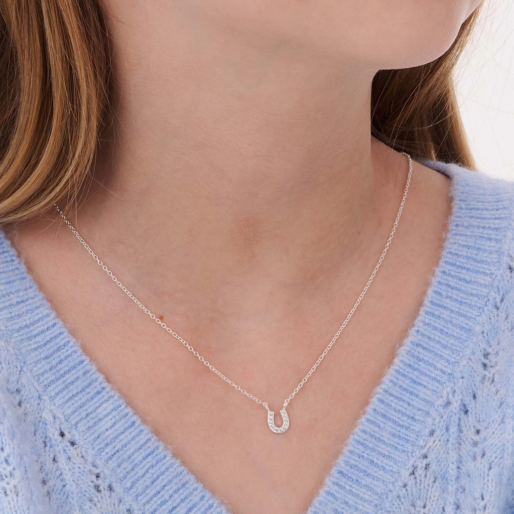 Silverhalsband för barn, hästsko vita stenar - 36+2cm