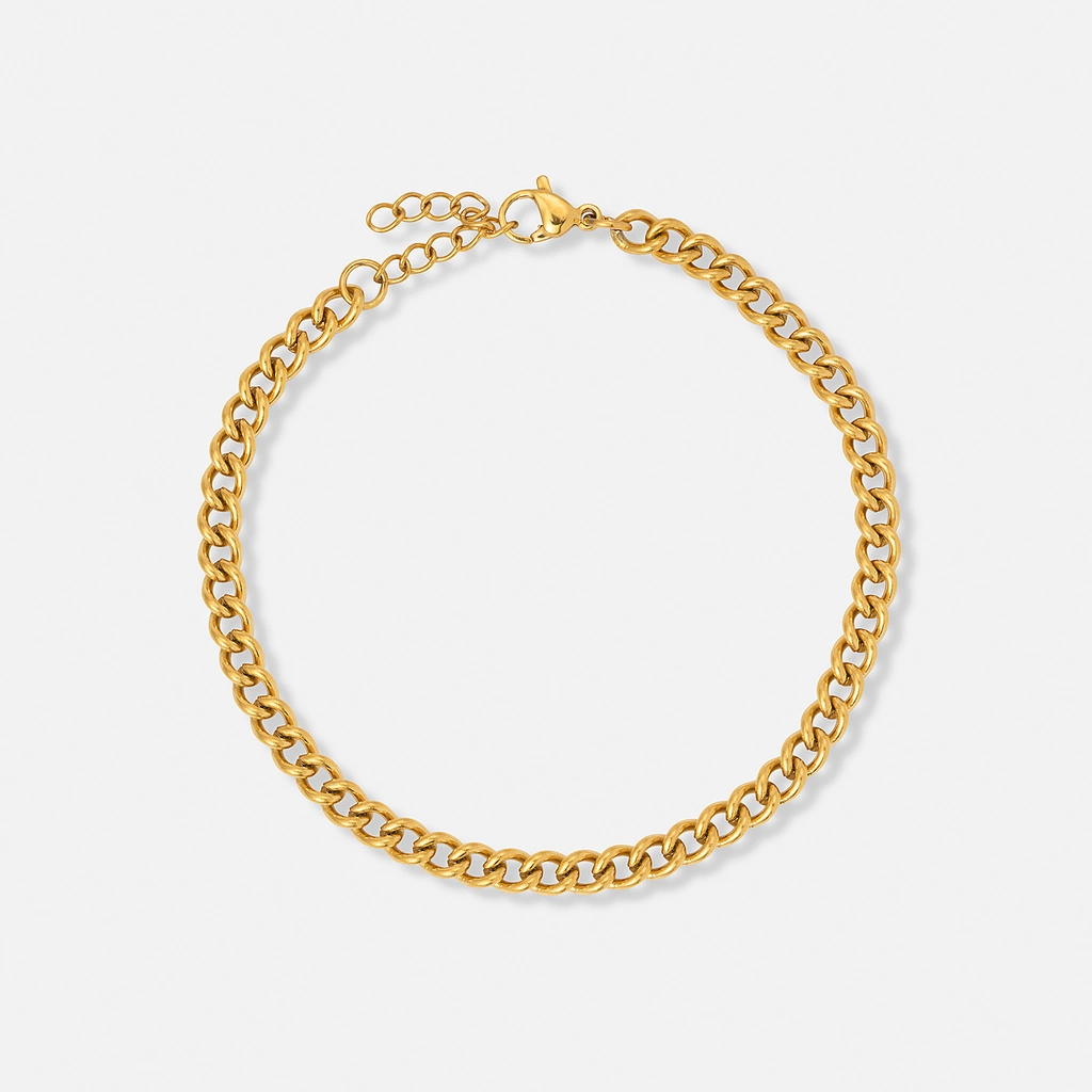 Guldpläterat stålarmband pansarlänk 4 mm - 19+3cm