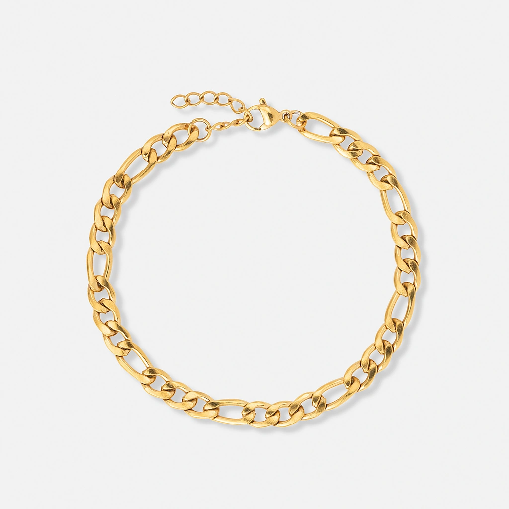 Guldfärgat stålarmband Figarolänk 5mm - 19+3cm