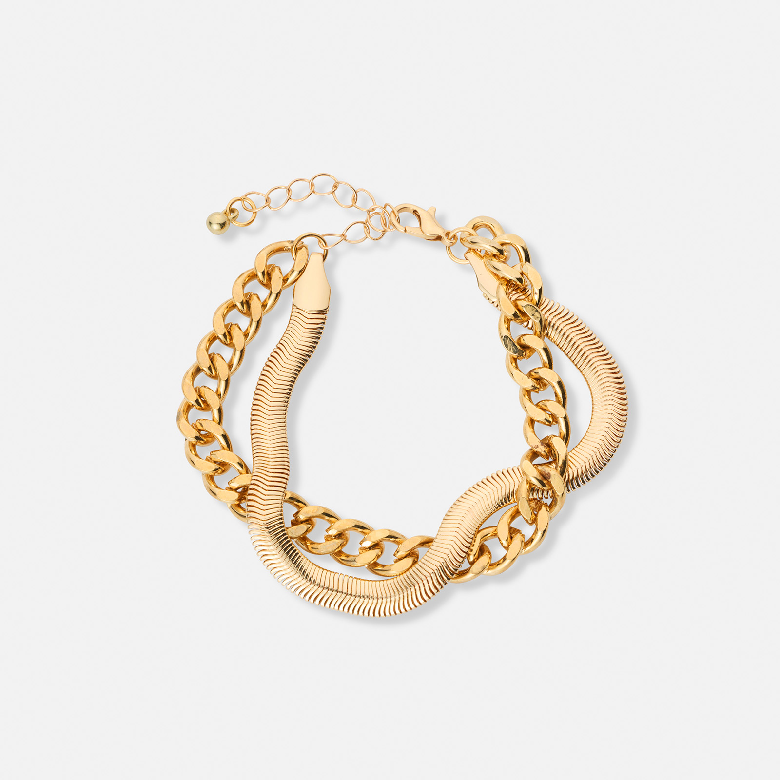 2-radigt guldfärgat armband, tjocka kedjor - 17+5 cm