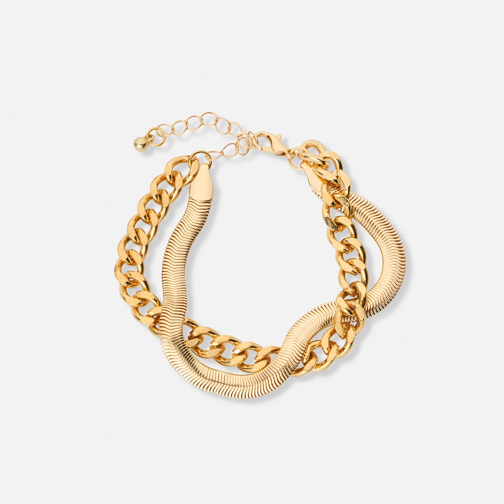 2-radigt guldfärgat armband, tjocka kedjor - 17+5 cm