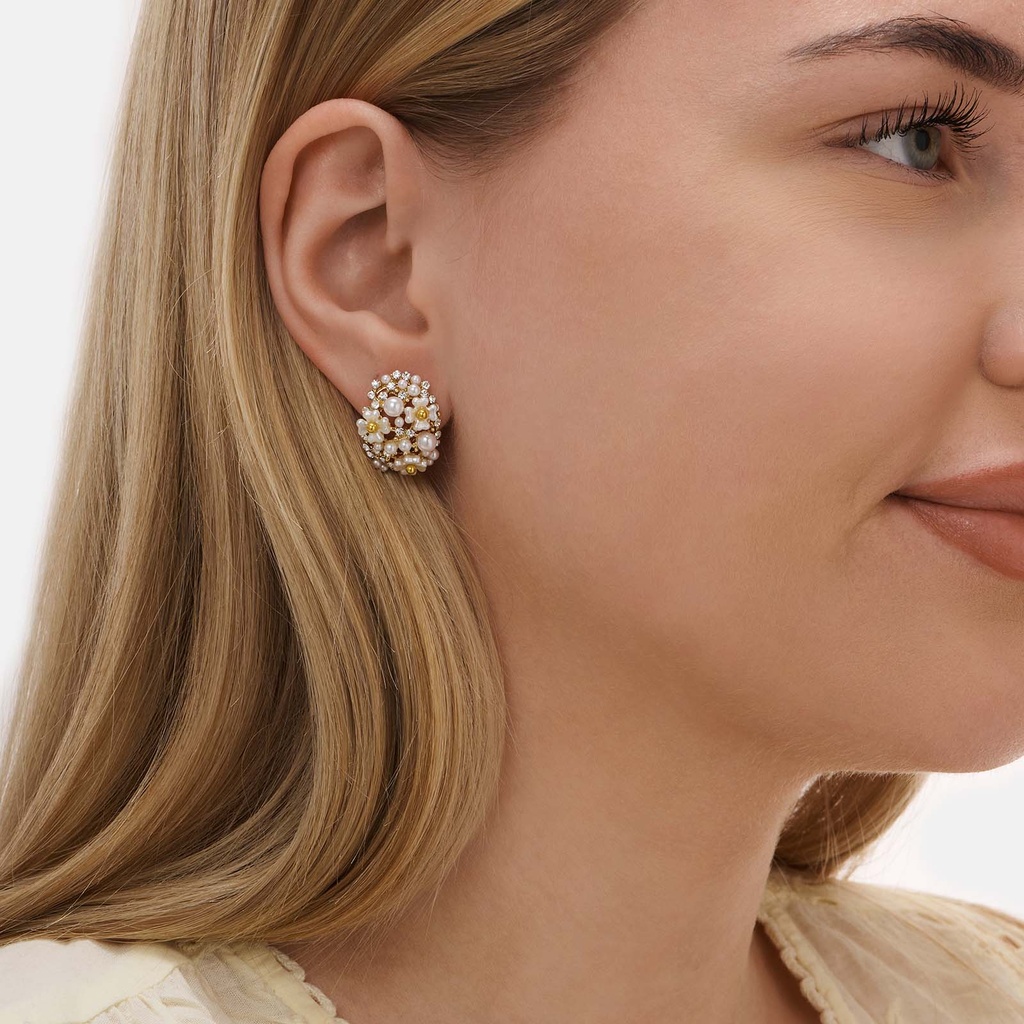 Guldfärgade örhängen, pärlor & blommor - 20 mm