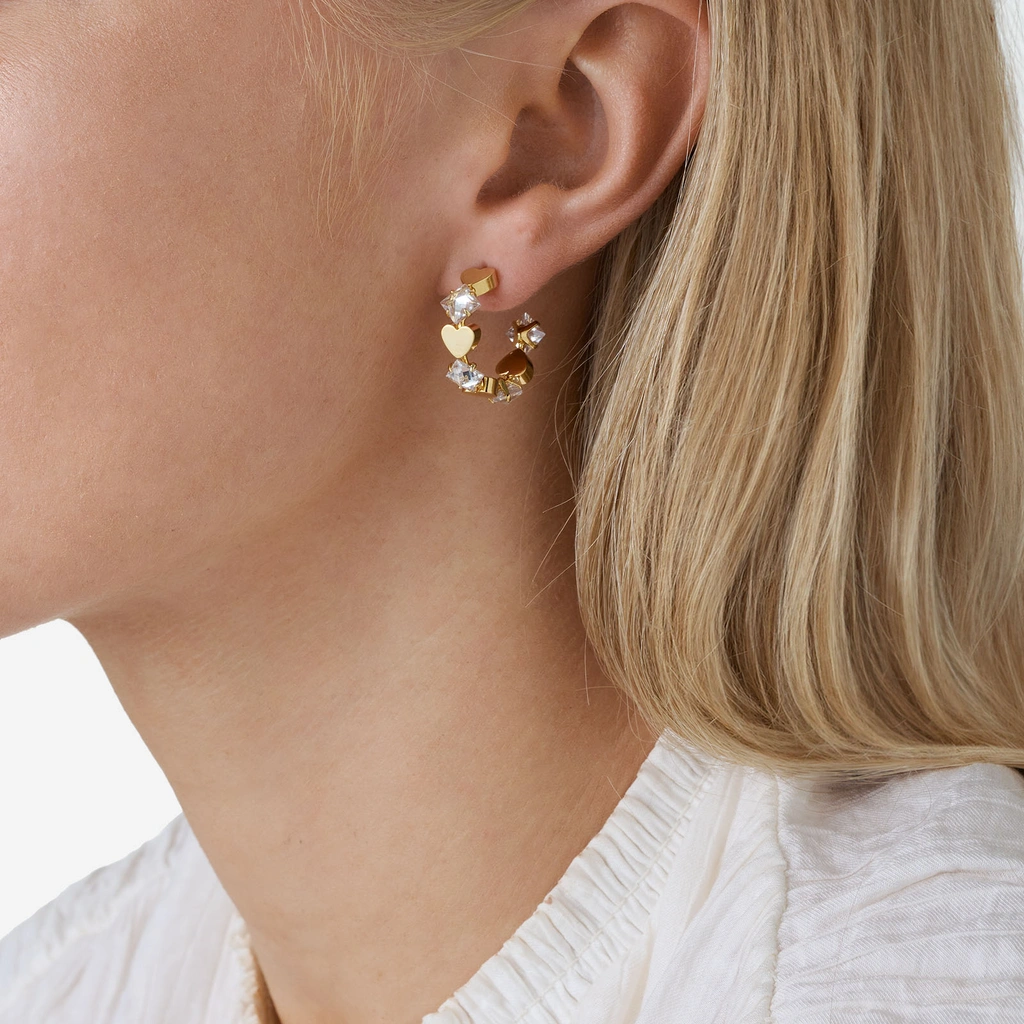 18k guldpläterade örhängen - hoops med hjärtan, 15mm