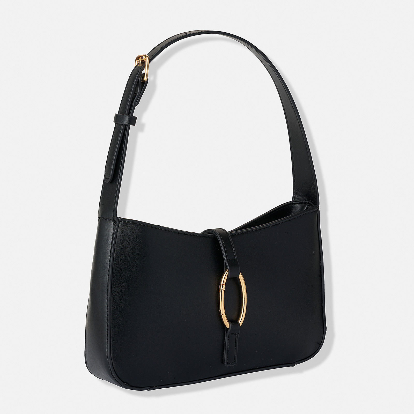 Svart axelsväska i pu-läder, guldfärgad oval ring