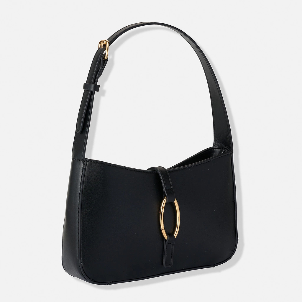 Svart axelsväska i pu-läder, guldfärgad oval ring