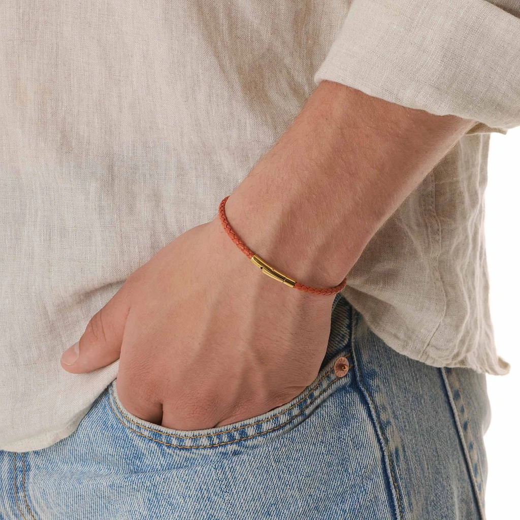 Orange läderarmband med stålspänne, 18cm