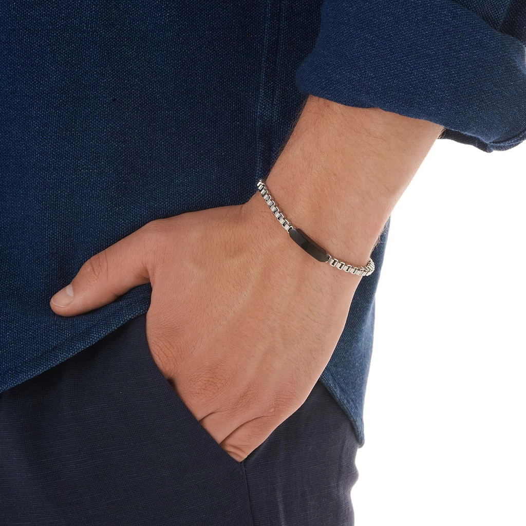 Stålarmband herr, box chain med svart bricka - 19+3 cm