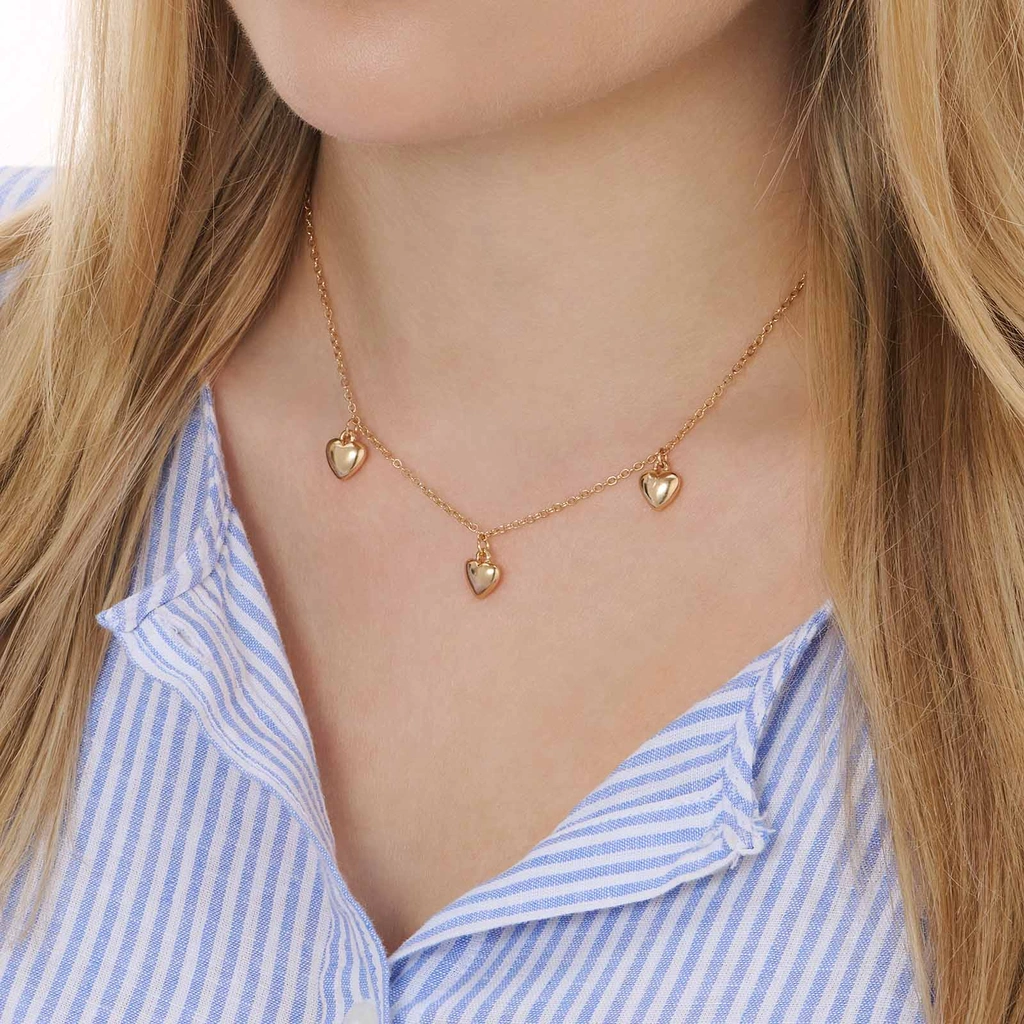 Guldfärgat halsband, tre hjärtan - 42+7 cm