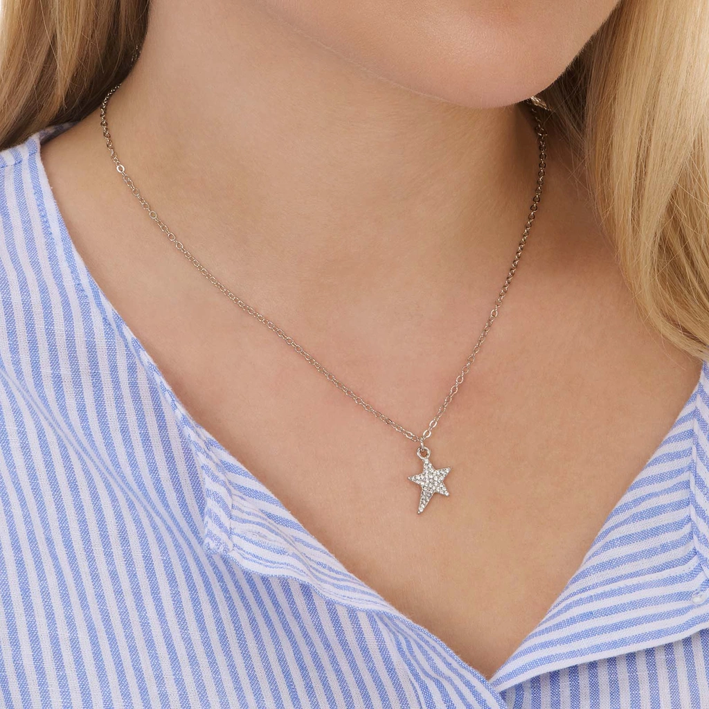 Silverfärgat halsband, stjärna med halo - 42+7 cm