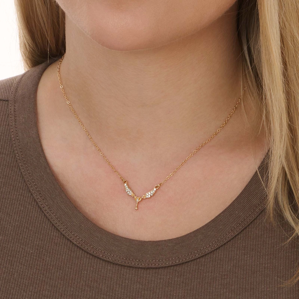 Guldfärgat halsband, vingar och nyckel - 42+7 cm