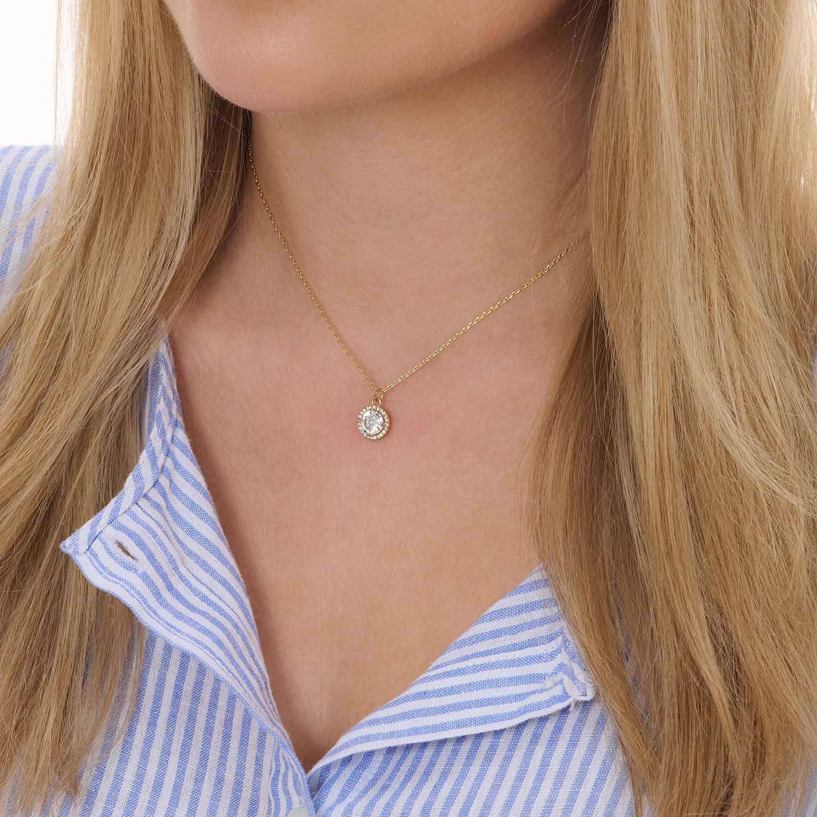 Guldfärgat halsband, rund sten med halo - 42+7 cm