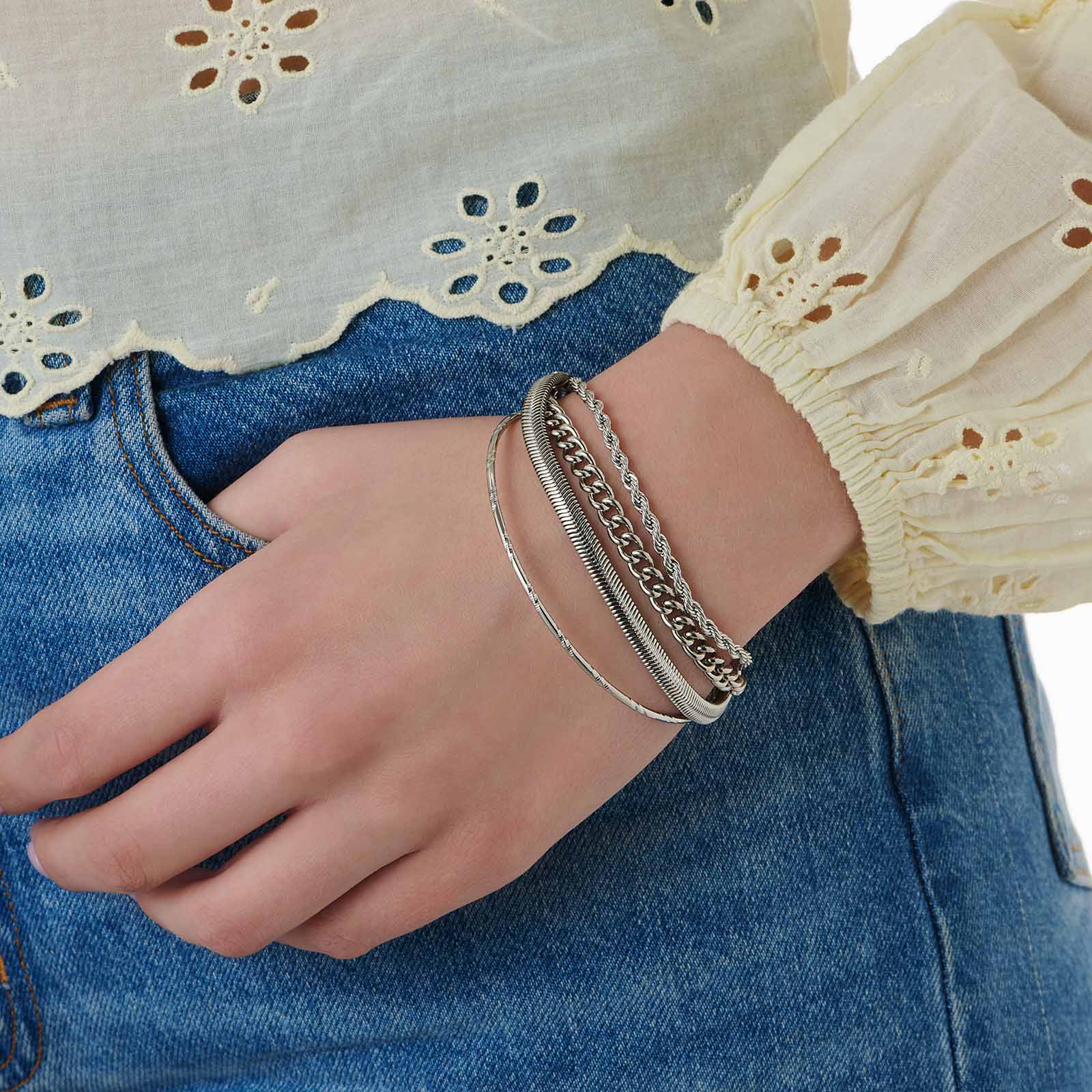 Silverfärgade armband, 3 kedjor och bangle - 17+5 cm