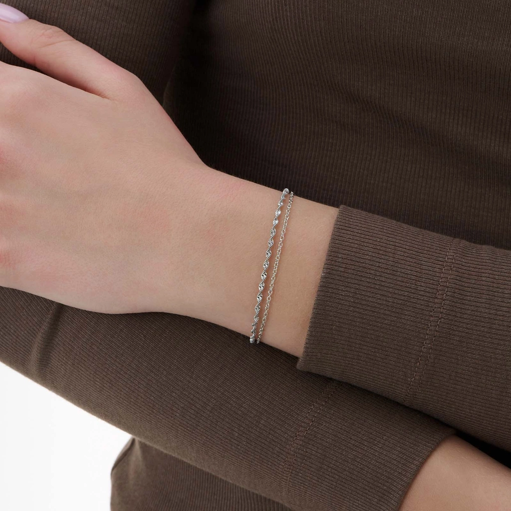 2-radigt silverfärgat armband, singapore & pansar - 19+5 cm