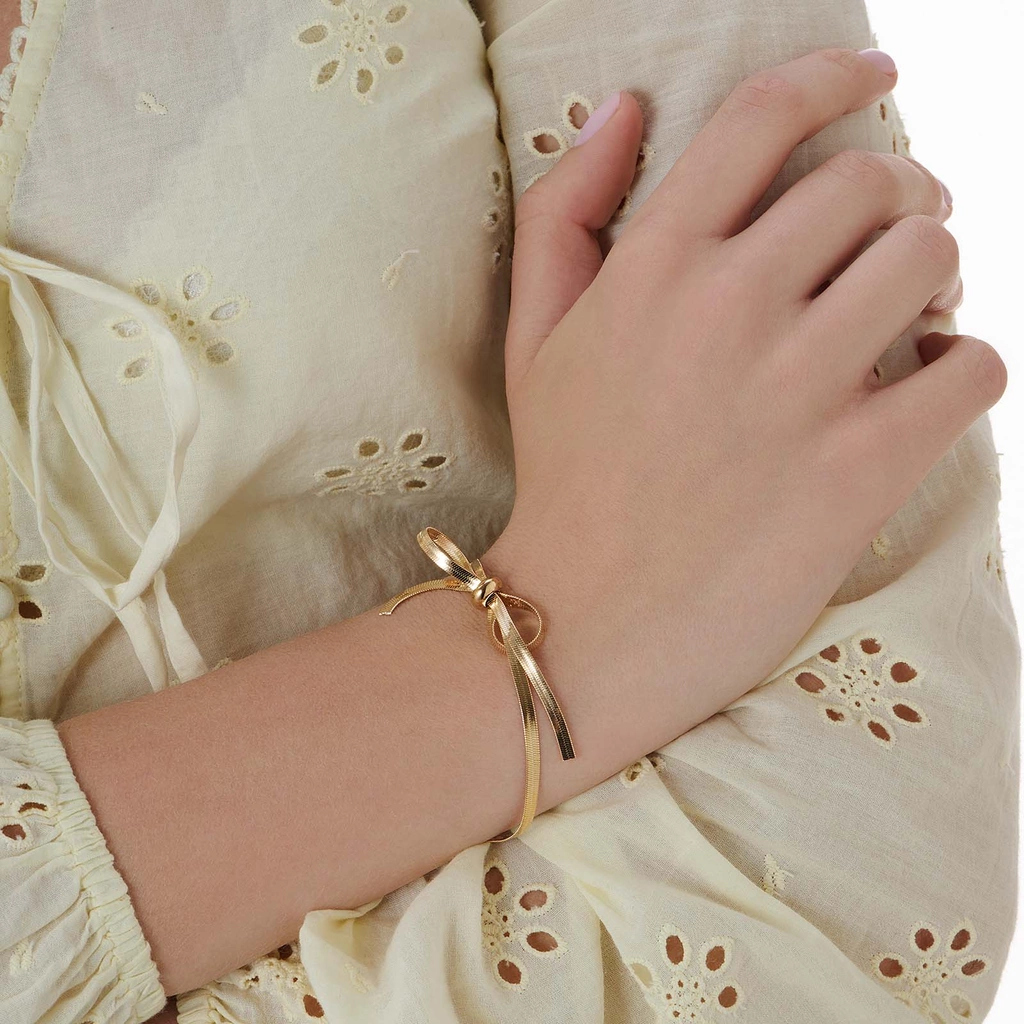 Guldfärgat armband, ormkedja med rosett - 17+6 cm