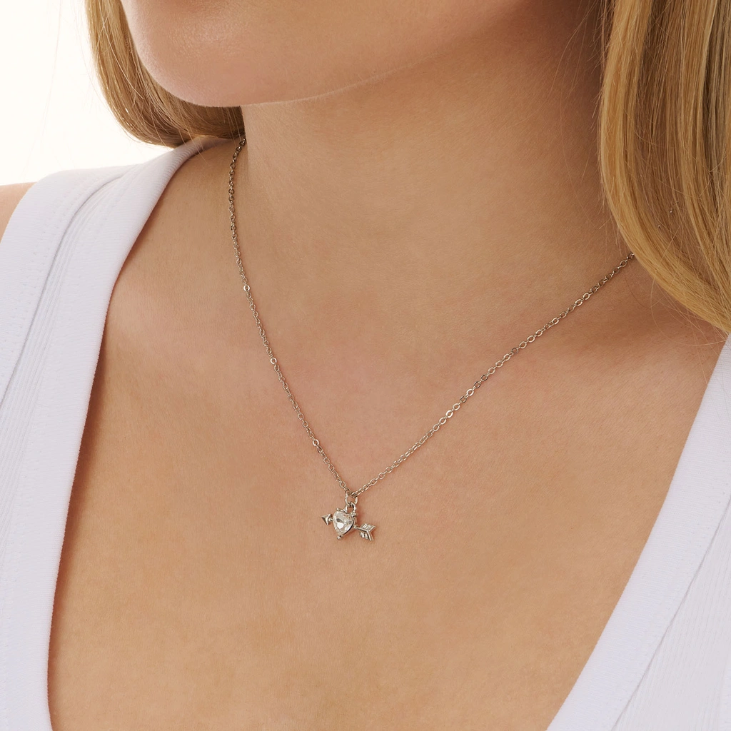 Silverfärgat halsband, hjärtformad sten & pil - 42+7 cm