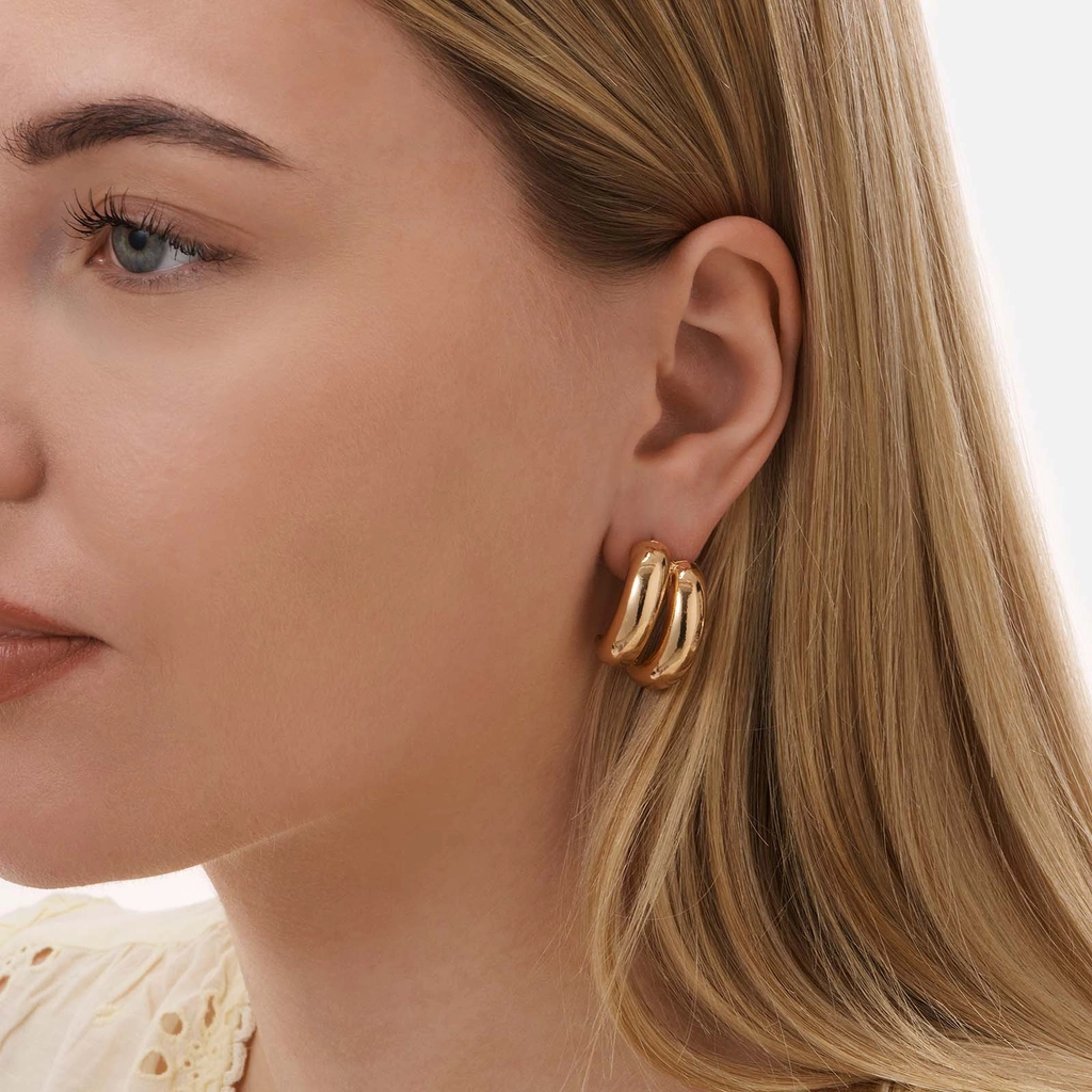 Guldfärgade örhängen, C-hoops två rader - 30 mm