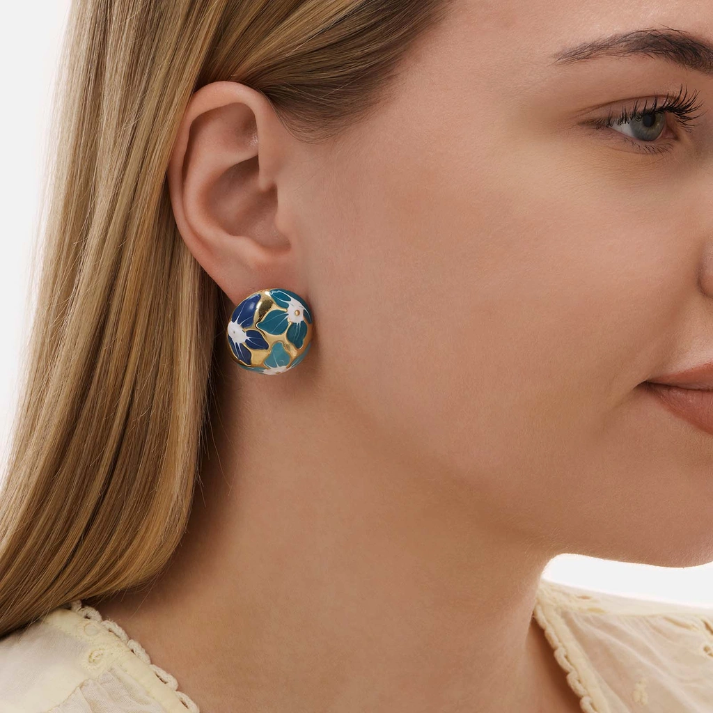 Guldfärgade örhängen, kupoler med emaljmönster - 27mm