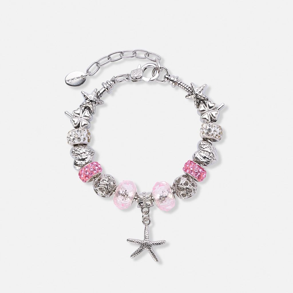 Silverfärgat armband, rosa detaljer & sjöstjärna - 18+5 cm