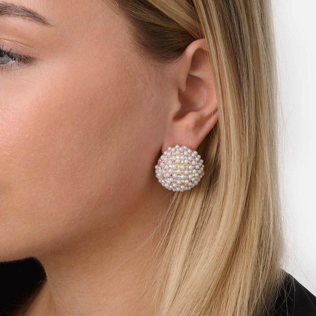 Guldfärgade örhängen, kupoler med pärlor & stenar - 25 mm