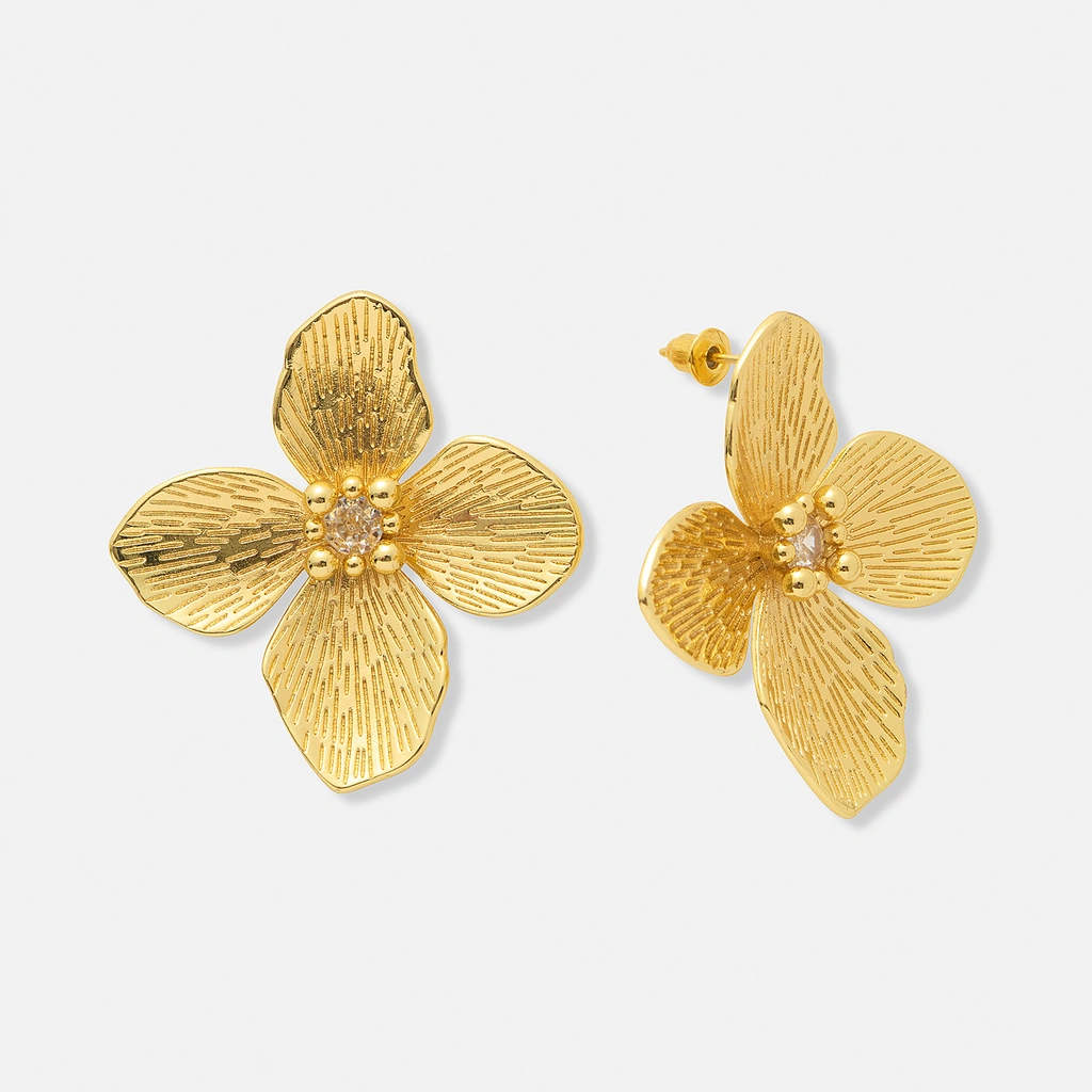 Guldfärgade örhängen, stora blommor med kristall - 43 mm