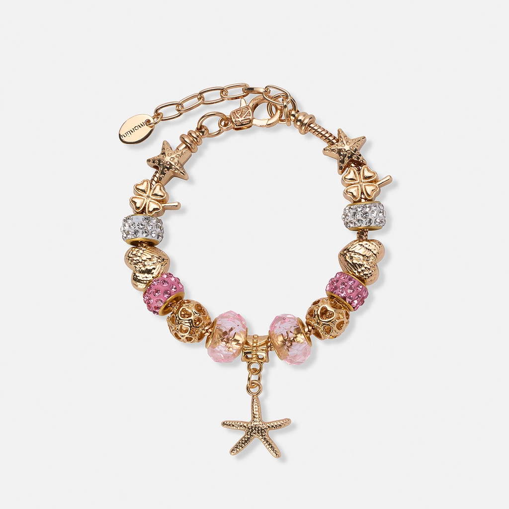 Guldfärgat armband, rosa detaljer & sjöstjärna - 18+5 cm