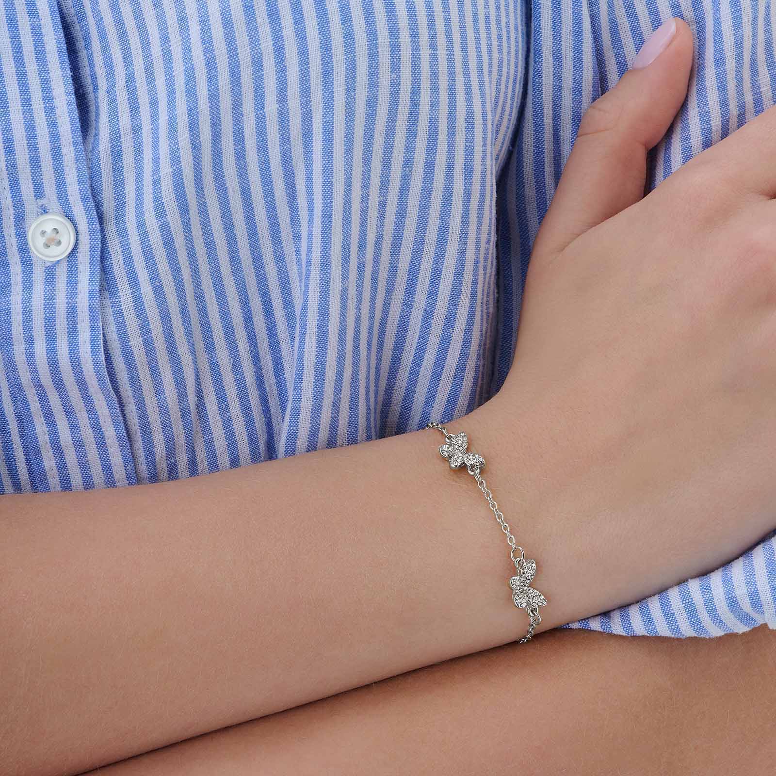 Silverfärgat armband, fjärilar med kristaller - 17+5 cm
