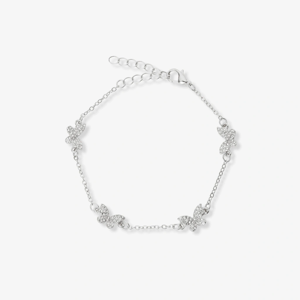 Silverfärgat armband, fjärilar med kristaller - 17+5 cm