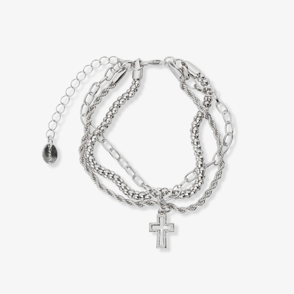 3-radigt silverrfärgat armband, kors - 18+5 cm