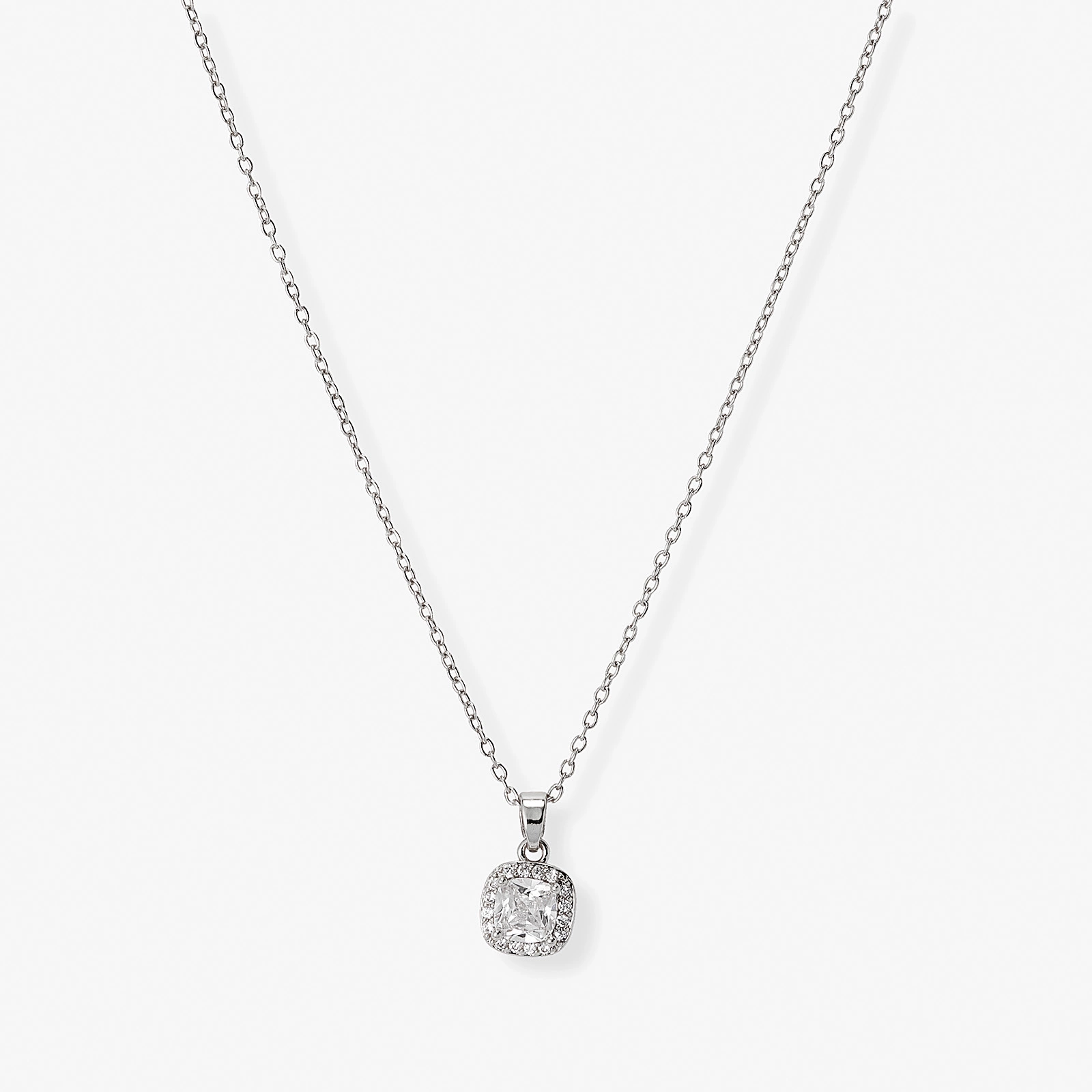 Silverfärgat halsband, fyrkantig sten med halo - 42+7 cm