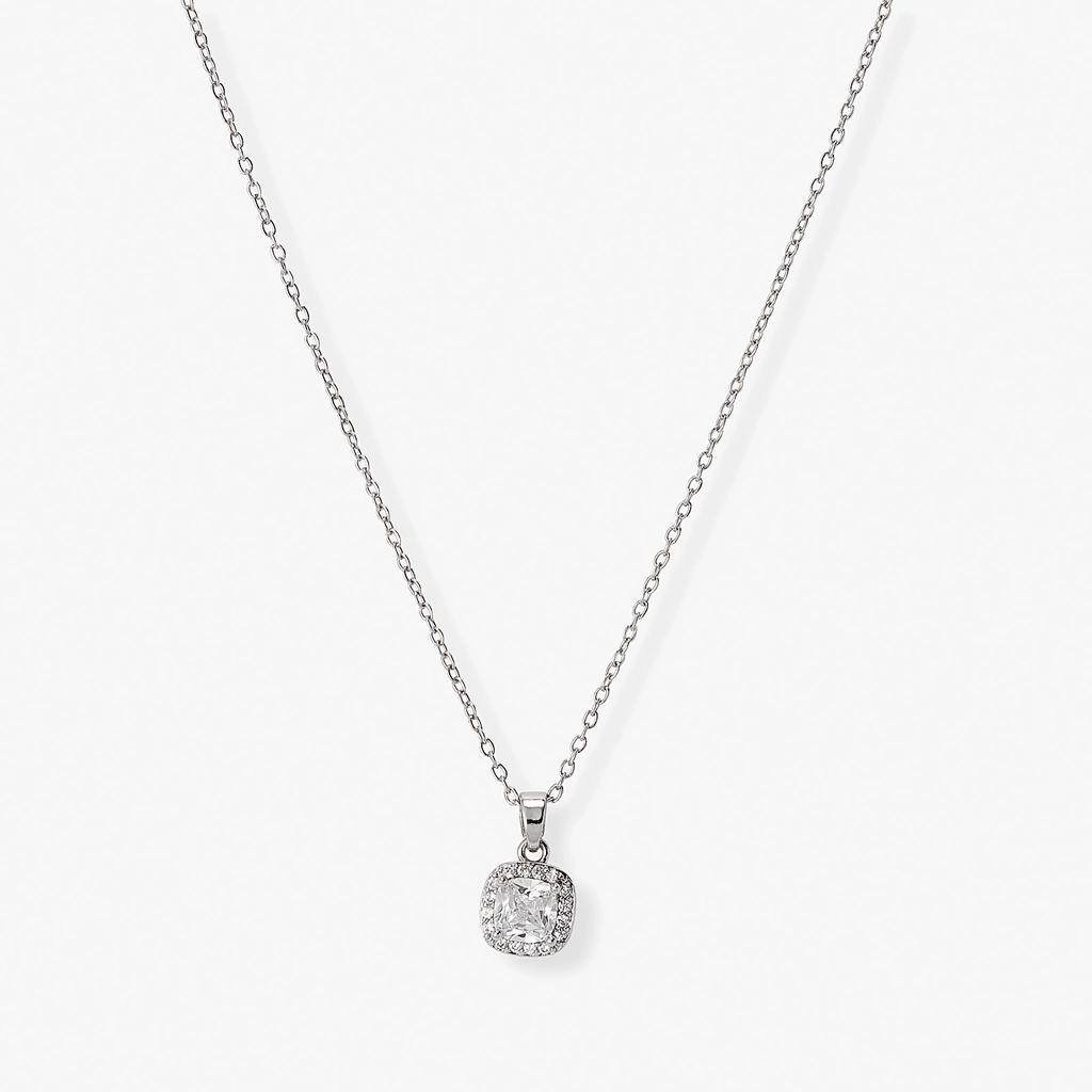 Silverfärgat halsband, fyrkantig sten med halo - 42+7 cm