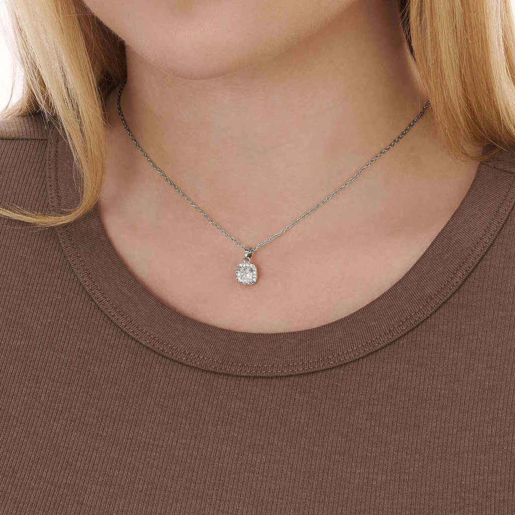 Silverfärgat halsband, fyrkantig sten med halo - 42+7 cm