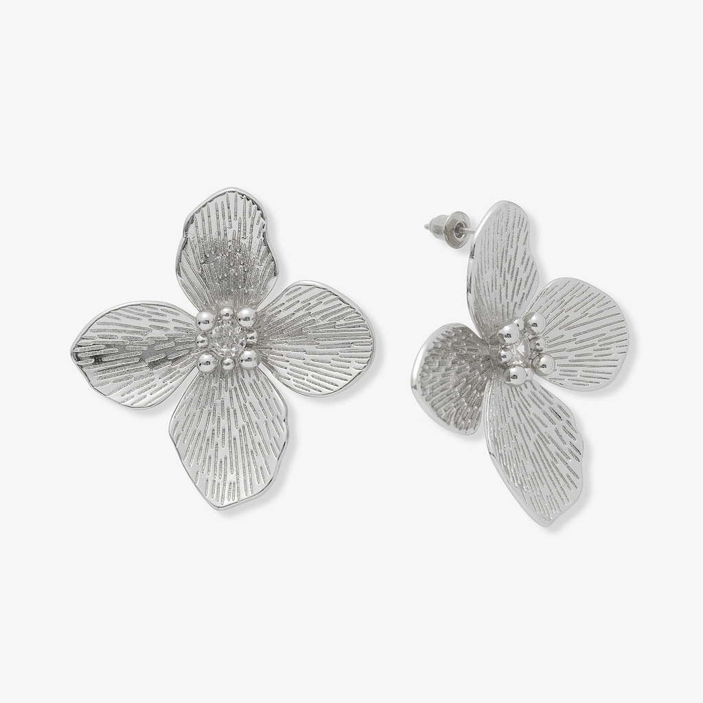 Silverfärgade örhängen, stora blommor med kristall - 43 mm