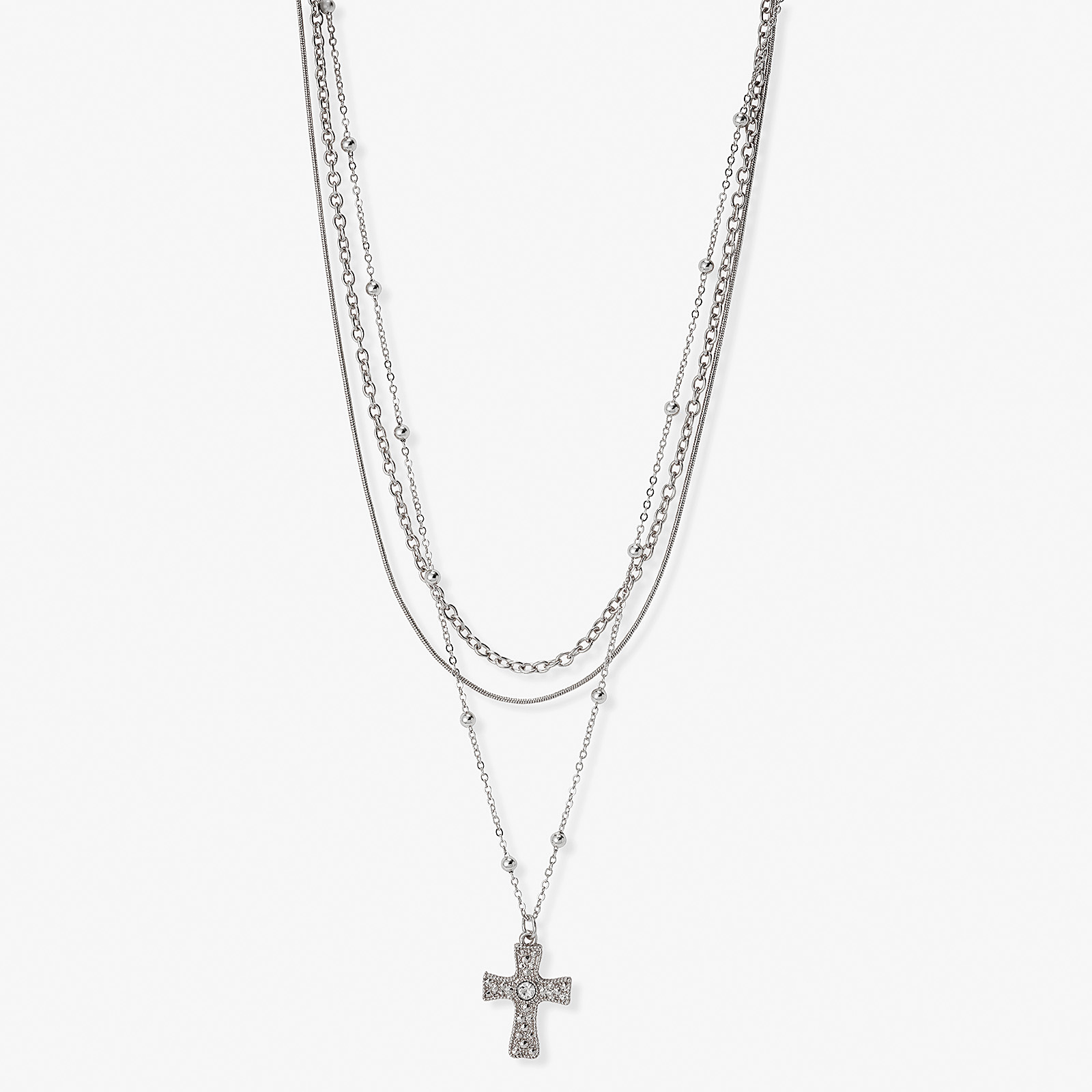 Silverfärgat treradigt halsband, kors, 38-50+7cm