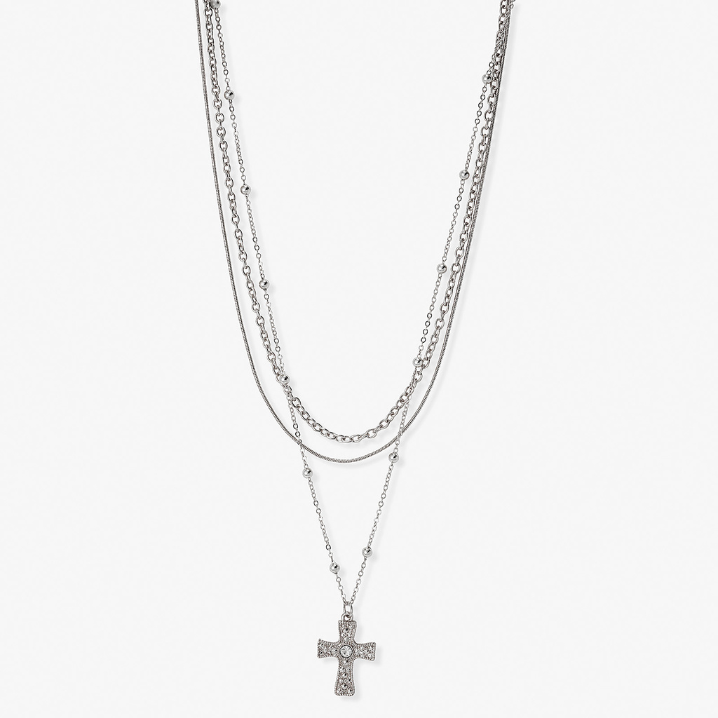 Silverfärgat treradigt halsband, kors, 38-50+7cm