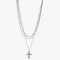 Silverfärgat treradigt halsband, kors, 38-50+7cm