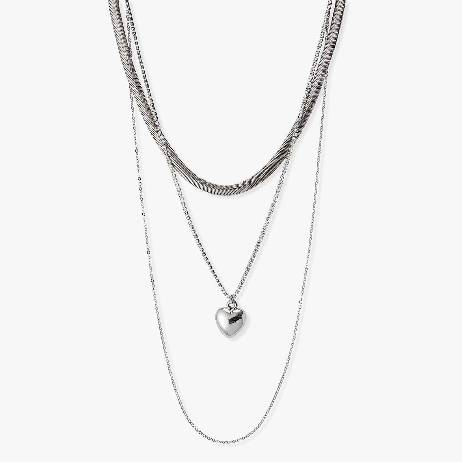Silverfärgat treradigt halsband, hjärta, 40-66+7cm