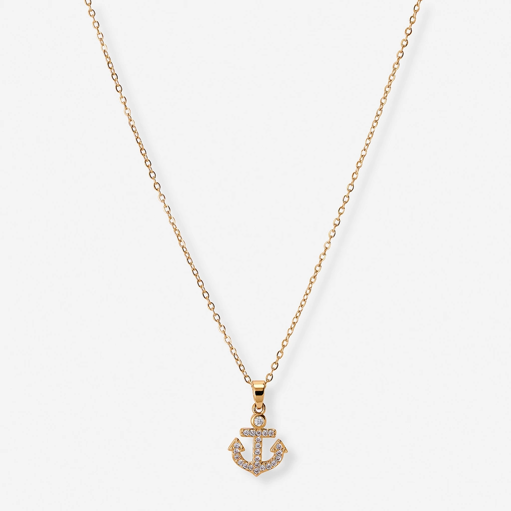Guldfärgat halsband, ankare med stenar, 42+7cm